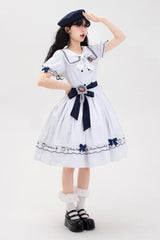 White Navy Stripe Print Short Sleeves Ruffle Embroidery Sweet Lolita Dress - Product - 11
