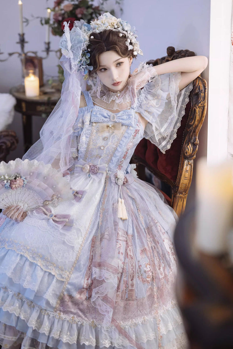Blue [Moonlight Melody] Off Shoulder Sleeveless Multi-Layered Hanayome Open-Front Bow Lace Sweet Gorgeous Lolita Jsk Dress Set - Product - 4