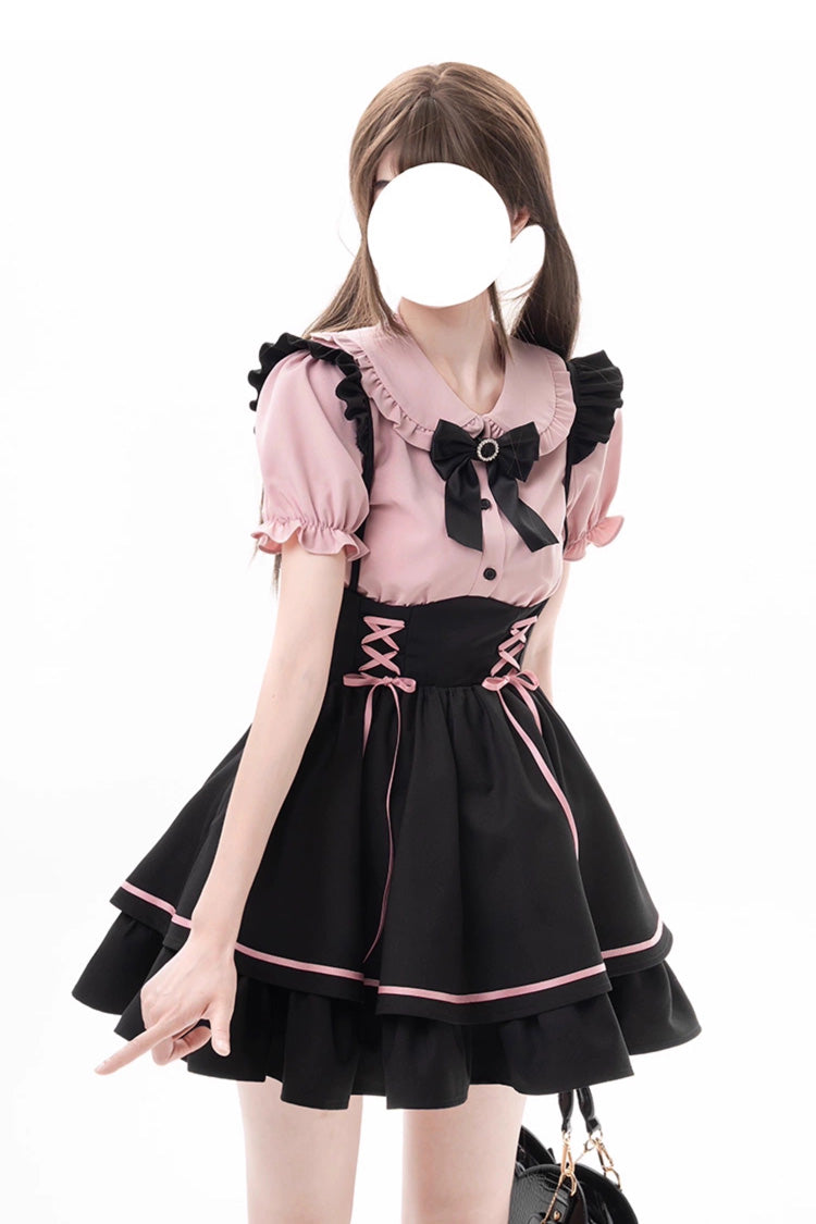 Black/Pink First Sakura Short Sleeves Multi-layer Lace-Up Sweet Jirai Kei Japanese Set - Product - 5