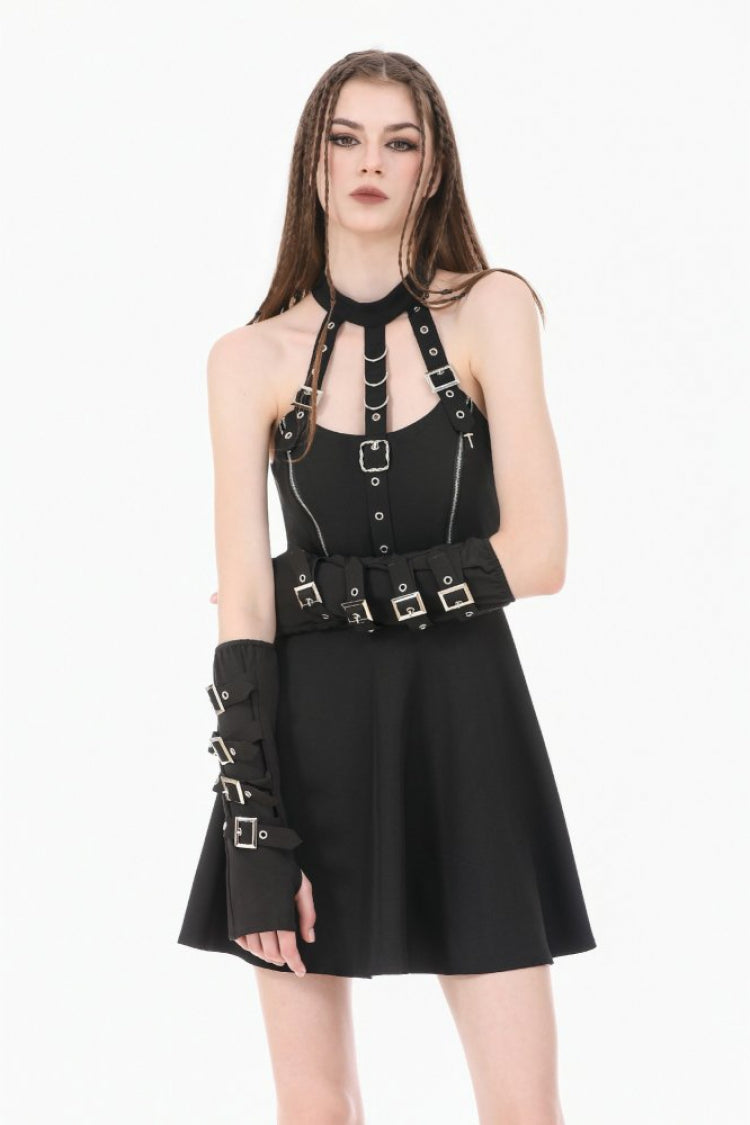 Black Buckled Zippered Women's Punk Halterneck Dress - Product - 7