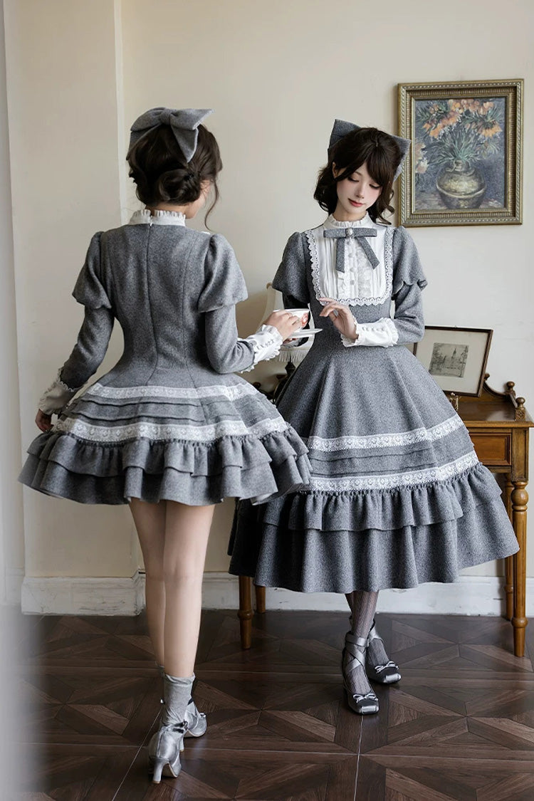 Grey [Letters and Poems · Old Memories] Stand Collar Long Sleeves Double-Layered Ruffled Bow Classic Elegant Lolita Dress 2 Versions - Product - 21