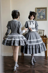 Grey [Letters and Poems · Old Memories] Stand Collar Long Sleeves Double-Layered Ruffled Bow Classic Elegant Lolita Dress 2 Versions - Product - 21