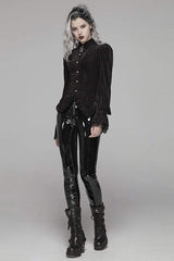 Striped Velvet Metal Retro Button Lace Cuff Back Waist Lace Up Women's Gothic Blouse - Product - 3