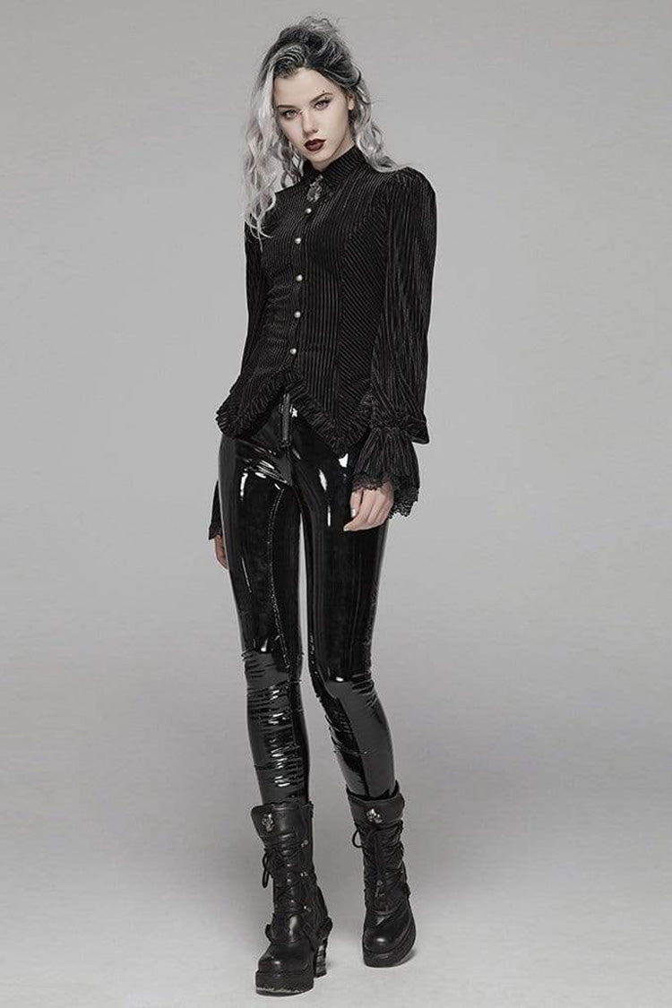 Striped Velvet Metal Retro Button Lace Cuff Back Waist Lace Up Women's Gothic Blouse - Product - 3
