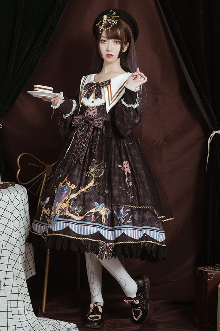 Black Navy Collar Long Sleeves Butterfly Print Ruffle Bowknot Gothic Elegant Princess Lolita Dress - Product - 2