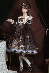 Black Navy Collar Long Sleeves Butterfly Print Ruffle Bowknot Gothic Elegant Princess Lolita Dress - Product - 2