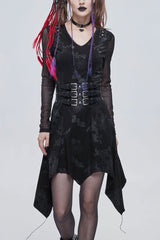 Black Shoulder Cutout Tie Rope V Neck Pattern Print Decorative Women's Gothic Dress - Black - 1