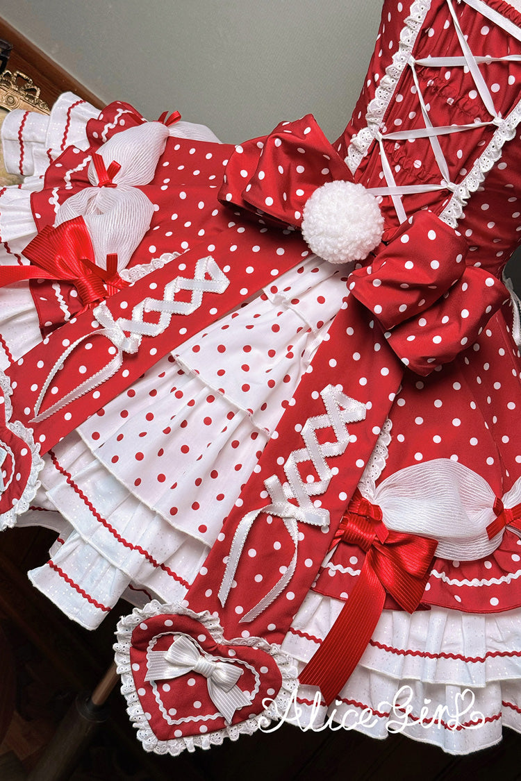 Wine Red Halterneck Short Sleeves Triple-Layered Polka Dot Printed Bow Lace-Up Sweet Lolita Dress - Product - 14
