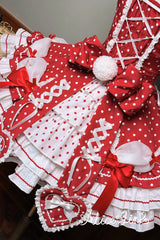 Wine Red Halterneck Short Sleeves Triple-Layered Polka Dot Printed Bow Lace-Up Sweet Lolita Dress - Product - 14