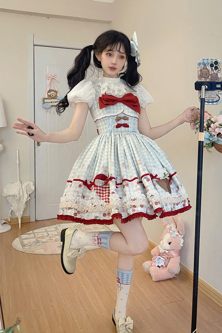 Light Blue [South City Cherry Shop] Plaid Print Ruffle Bowknot Sweet Lolita Jsk Dress - Product - 5
