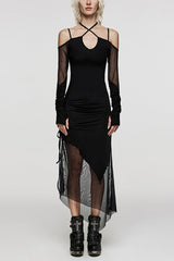 Black Skull Print Stitching Sheer Mesh Women's Gothic Dress - Black - 1
