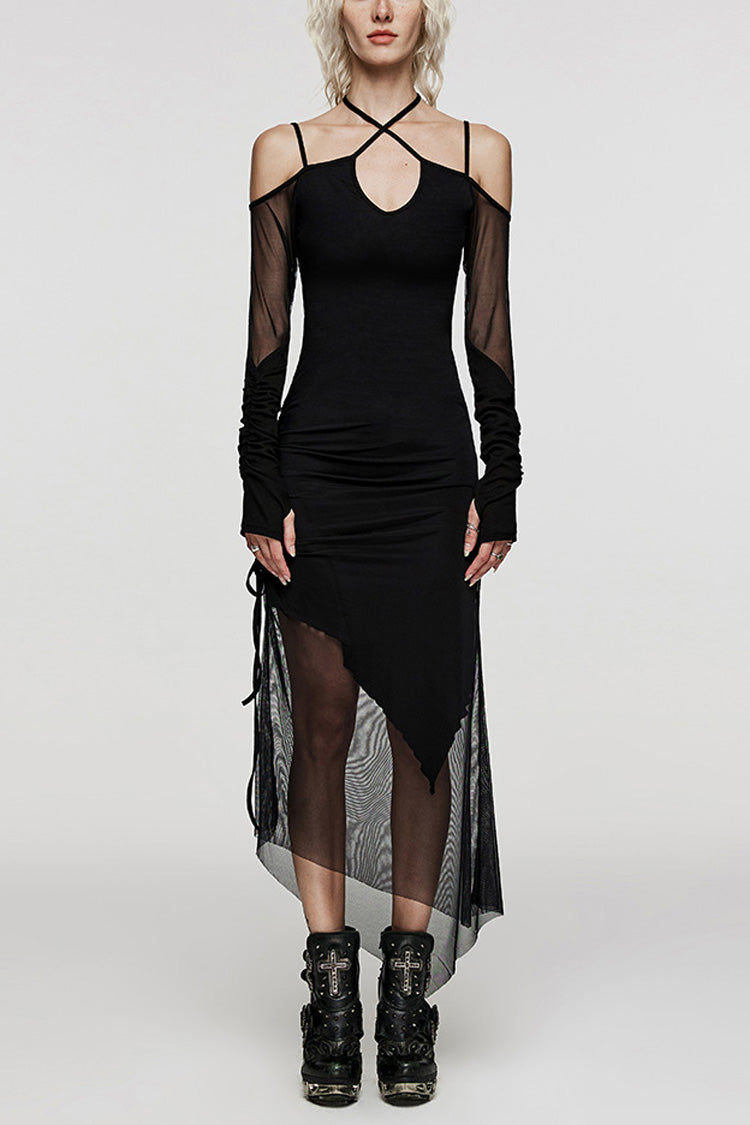 Black Skull Print Stitching Sheer Mesh Women's Gothic Dress - Black - 1