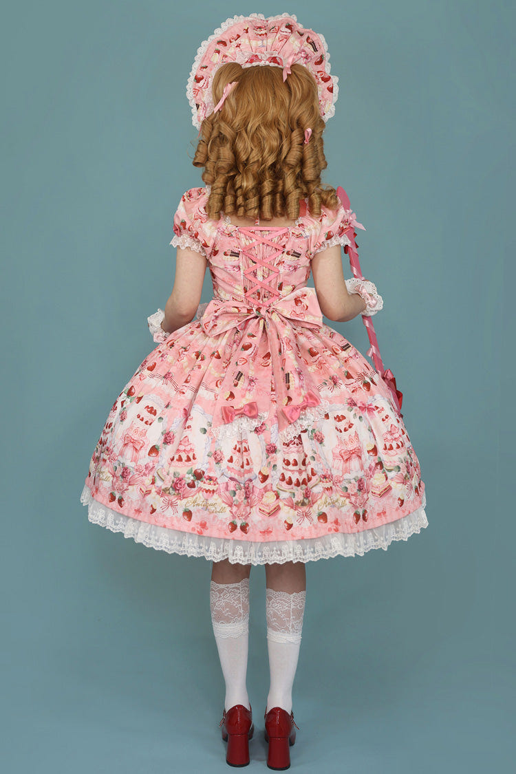 [Strawberry Cake Bouquet] Print Square Collar Short Sleeves Bowknot Lace Sweet Lolita Dress 3 Colors - Product - 6