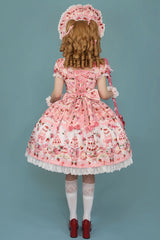 [Strawberry Cake Bouquet] Print Square Collar Short Sleeves Bowknot Lace Sweet Lolita Dress 3 Colors - Product - 6