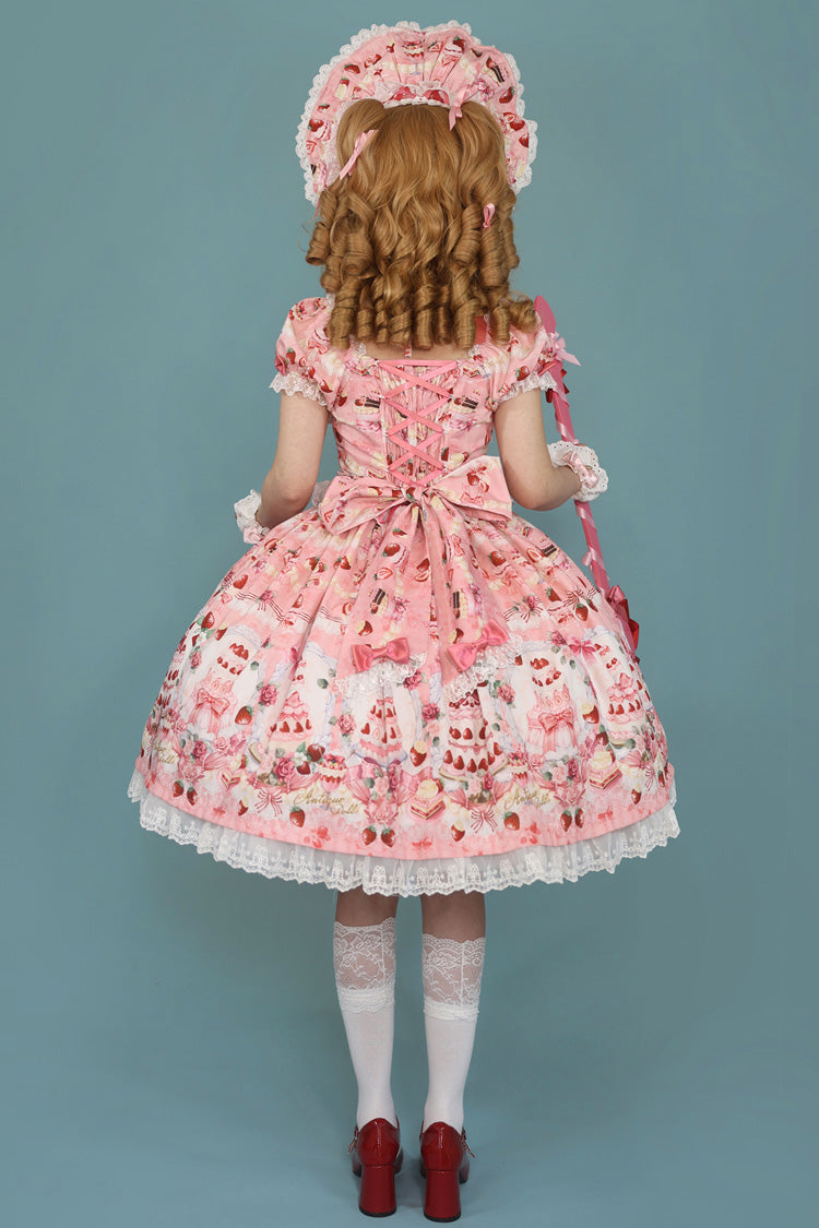 [Strawberry Cake Bouquet] Print Square Collar Short Sleeves Bowknot Lace Sweet Lolita Dress 3 Colors - Product - 6