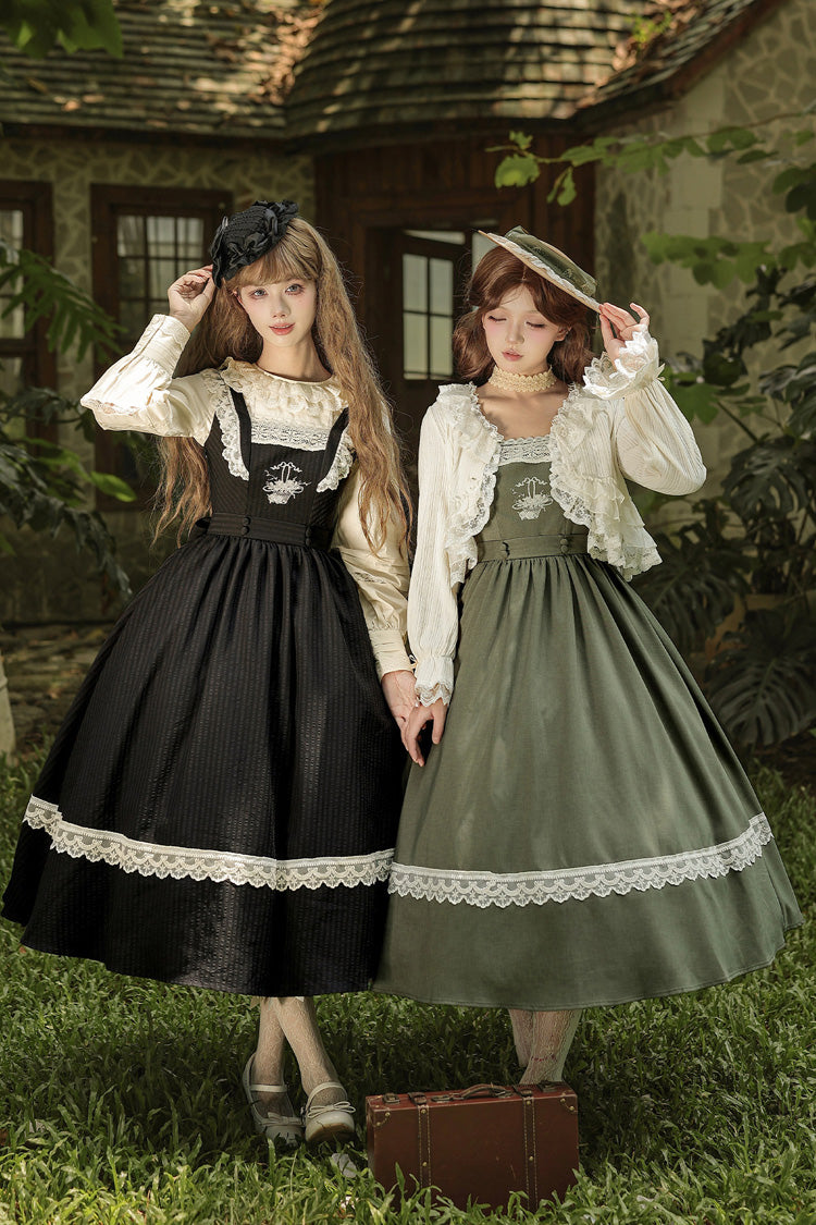 [The Oak Tree in the Wind] Square Collar Sleeveless Jacquard Embroidered Lace Classic Elegant Lolita Jsk Dress 2 Colors (Black, Green) - Black - 1