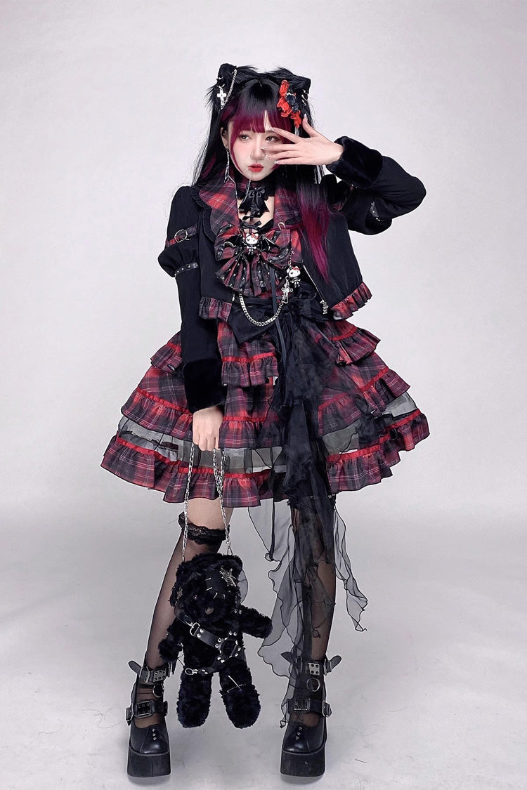 Black/Red Japanese Punk Rock Babes Bowknot Gothic Lolita Tiered Dress - Product - 2