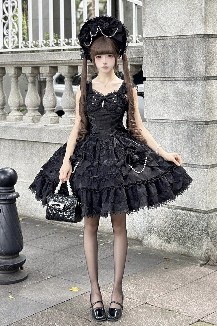 ブラック [Rose Princess] ノースリーブ フリル リボン レース レースアップ ゴシック バレエ ロリータ ジャンパースカート（JSK） 商品画像
