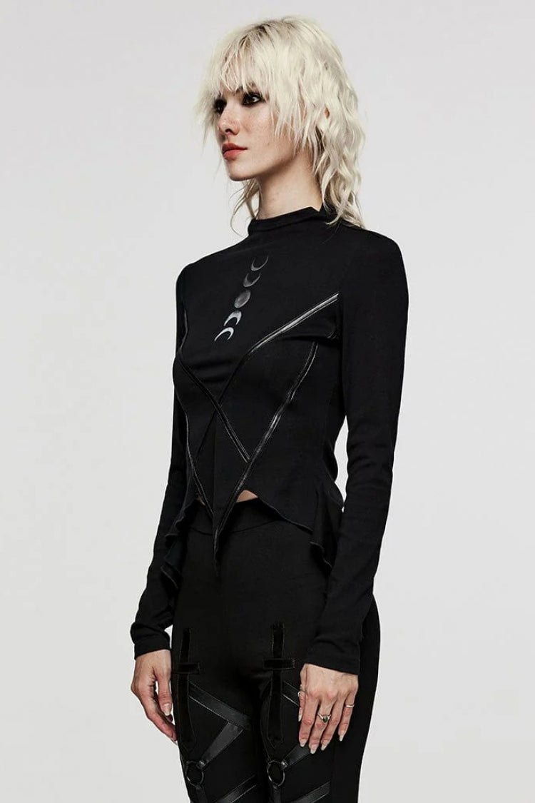 Black Long Sleeves Moon Print Leather Stitching Irregular Womens Steampunk T-Shirt - Product - 2