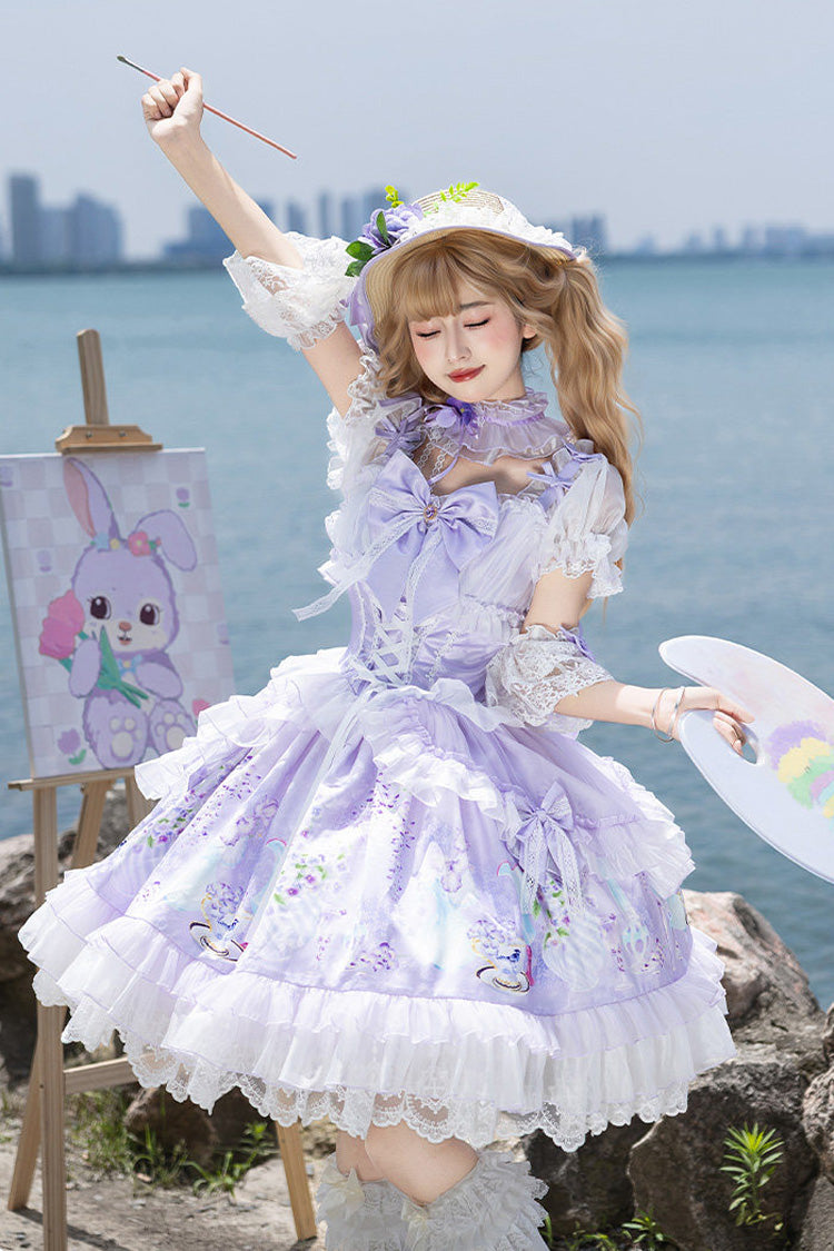 Purple [Wisteria Garden] Square Collar Triple-Layered Printed Ruffled Bow Lace Sweet Lolita Dress Set - Purple - 1