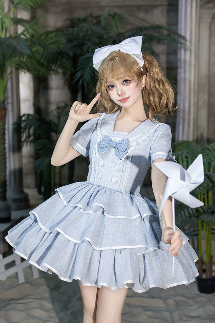 Blue [Seven Day Bell] Navy Collar Short Sleeves Printed Ruffled Bow Sweet Lolita Dress 2 Versions - Product - 14