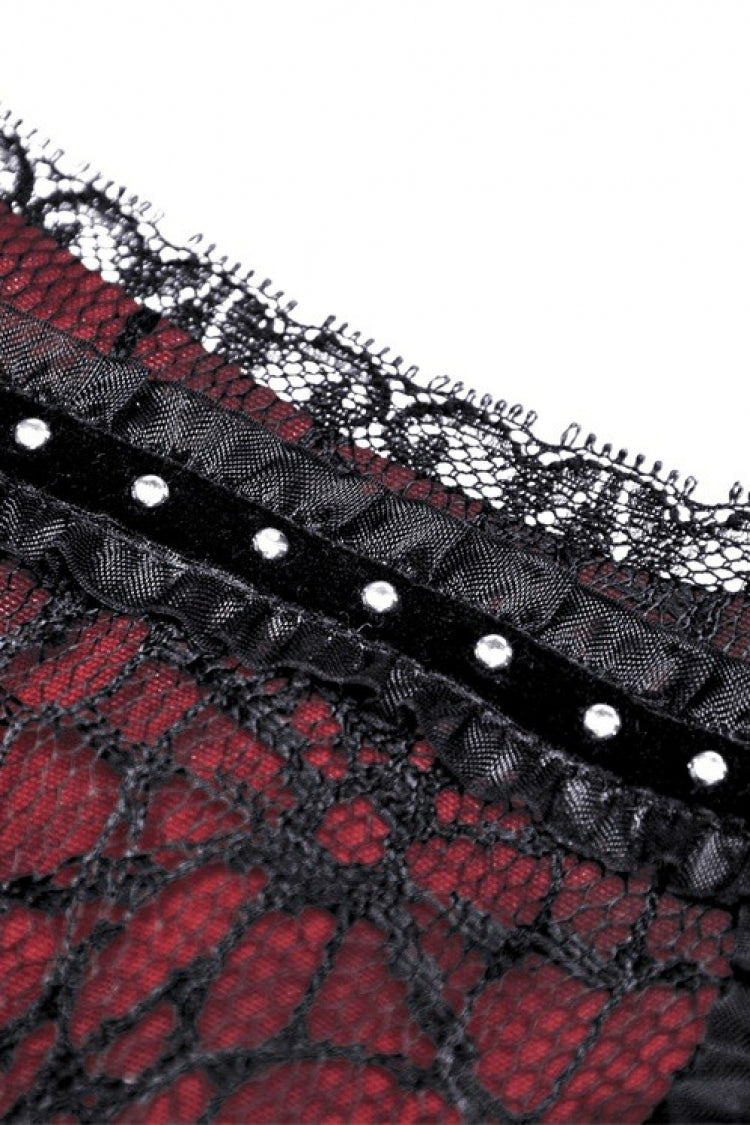 Dark Red Cross Shoulder Straps Jacquard Lace-Up Women's Gothic Overbust Corset - Product - 16
