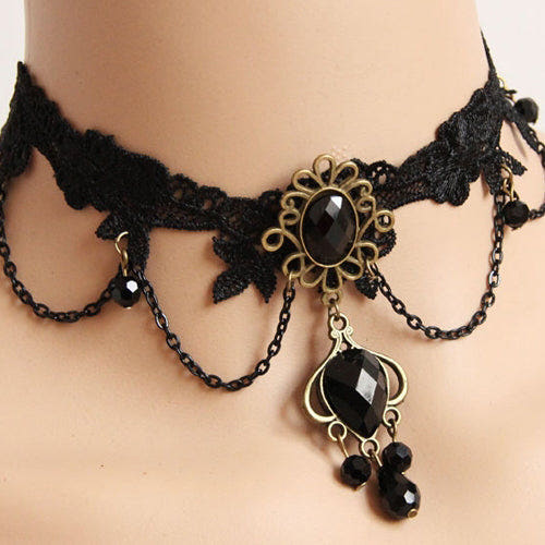 Black Vintage Lace Gem Pendant Decoration Gothic Lolita Necklace - Black - 1