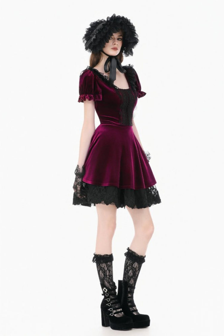 Wine Red Square Collar Short Puff Sleeves Velvet Patchwork Lace Lace-Up Women's Gothic Dress - Product - 2
