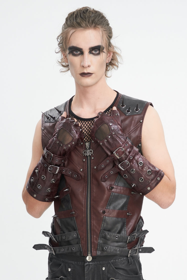 Red Spliced Mesh Studded Buckled Men's Gothic Accessory Half-finger Gloves - Product - 8