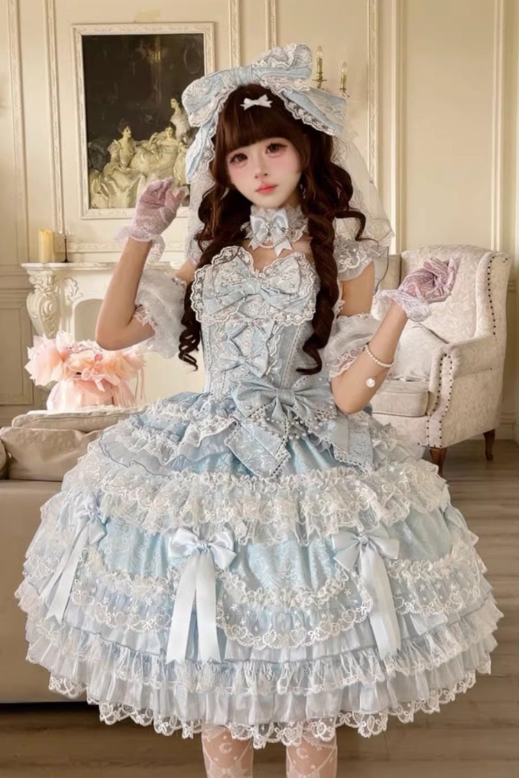 Blue [Dream of the Misty Moon] Sleeveless Multi-Layered Ruffled Bow Lace Pearl-Decorated Sweet Princess Lolita Jsk Dress - Product - 6