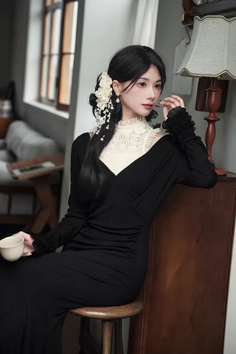 Black [Secret Crush] Long Sleeves Stretch Knit Slim Gothic Lolita Fishtail Dress - Product - 5