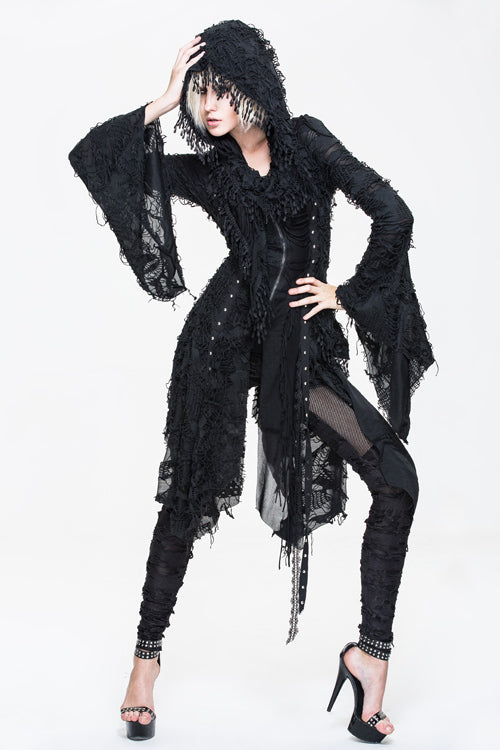 Black Ragged Horn Sleeves Womens Punk Long Coat - Product - 3