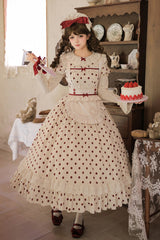 Apricot [Lollipop] Cotton Round Collar Long Lantern Sleeves Polka Dot Printed Ruffled Bow Lace Sweet Elegant Lolita Dress 2 Versions - Product - 20