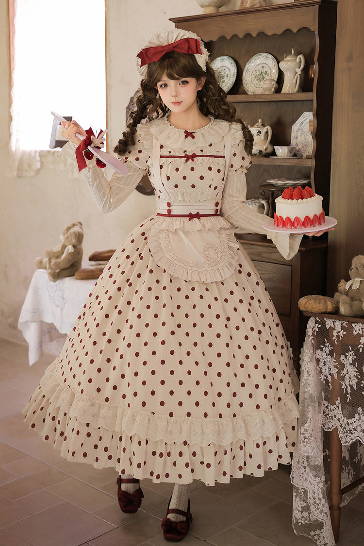 Apricot [Lollipop] Cotton Round Collar Long Lantern Sleeves Polka Dot Printed Ruffled Bow Lace Sweet Elegant Lolita Dress 2 Versions - Product - 20