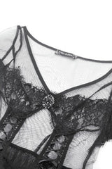 Black V Collar Short Sleeves Multi-Layered Sheer Mesh Women's Gothic Dress - Product - 14
