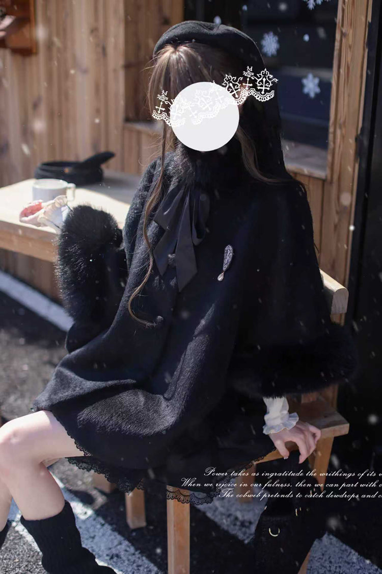 Black Long Sleeves Lace Gothic Japanese Lolita Fluffy Cloak Coat - Product - 7