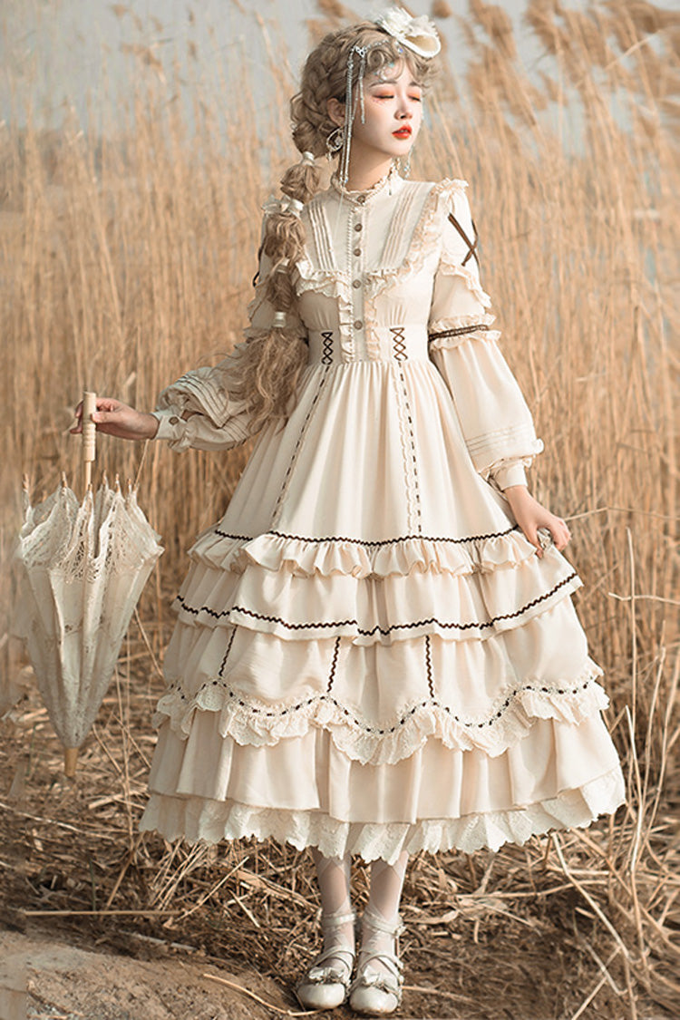Ivory Long Sleeves Multi-layer Ruffle Shepherdess Sweet Princess Lolita Dress - Ivory - 1