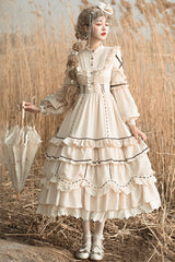 Ivory Long Sleeves Multi-layer Ruffle Shepherdess Sweet Princess Lolita Dress - Ivory - 1