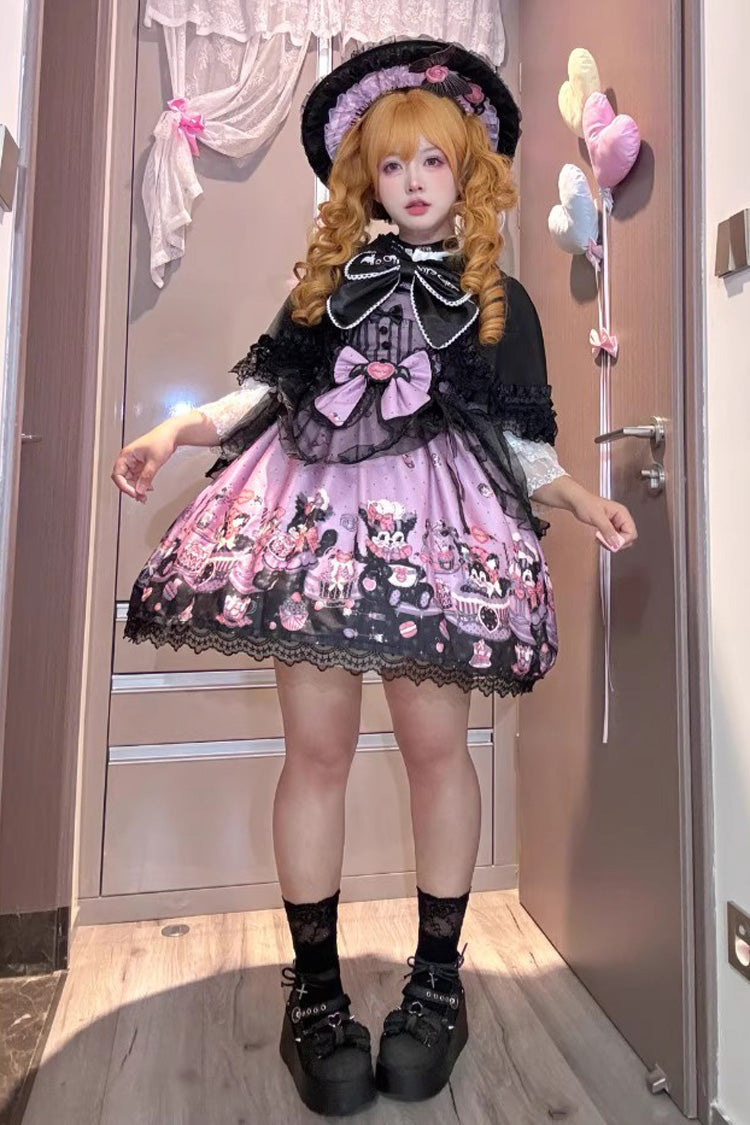 Purple [Devil Cat] Print Ruffle Bowknot Lace Gothic Lolita Jsk Dress (Plus Size Support) - Product - 4
