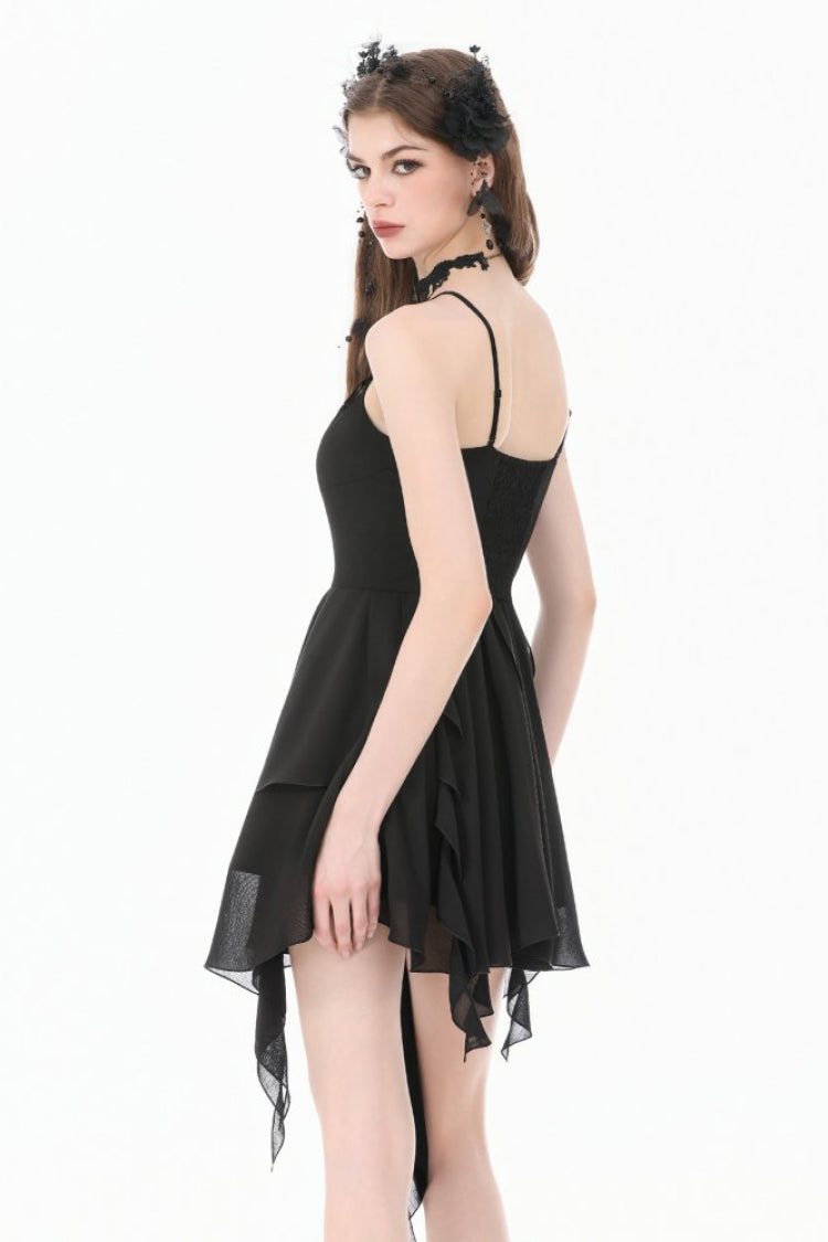 Black V Collar Lace Embroidered Asymmetric Women's Gothic Slip Dress - Product - 4