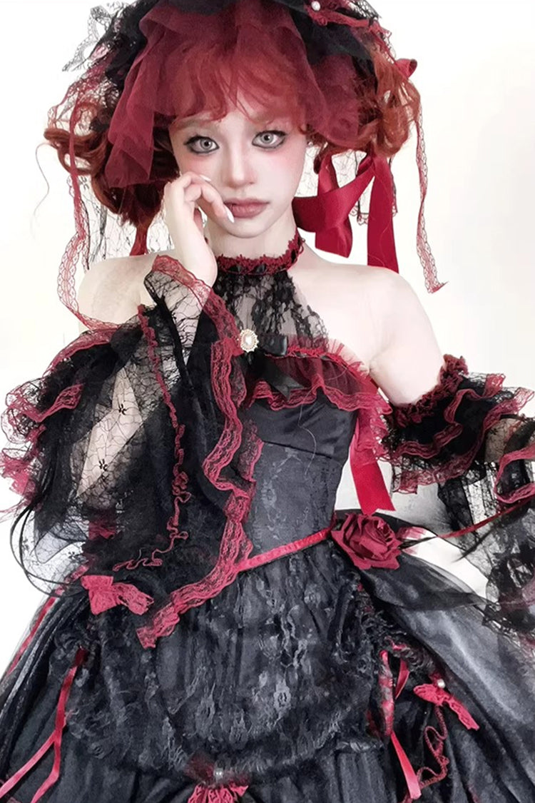 Black/Red [Layered Poem] Halterneck Sleeveless Multi-Layered Jacquard Hanayome Bow Lace Gothic Lolita Dress - Product - 4