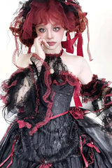 Black/Red [Layered Poem] Halterneck Sleeveless Multi-Layered Jacquard Hanayome Bow Lace Gothic Lolita Dress - Product - 4