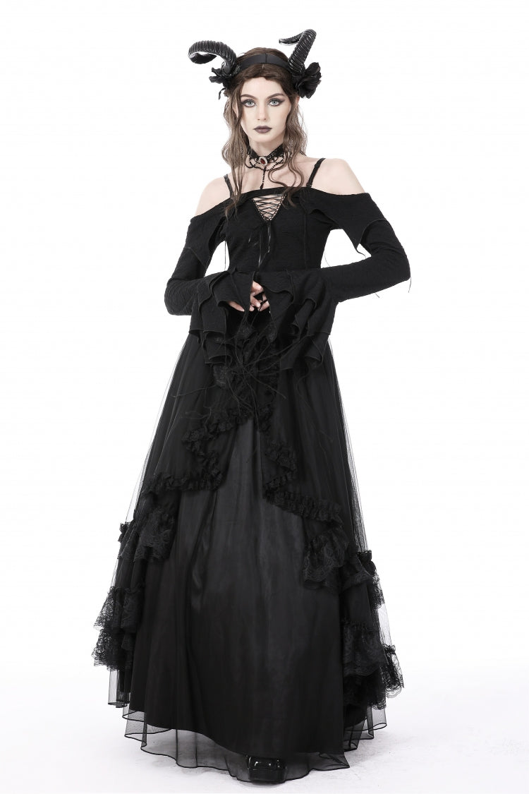 Black Off Shoulder Long Trumpet Sleeves Lace-Up Women's Gothic Sexy Crop Top - Product - 10