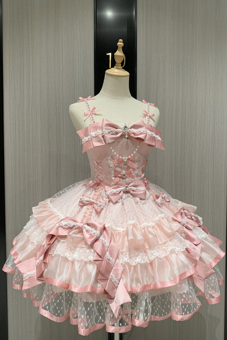 Pink [Love of Gemstones] Sleeveless Triple-Layered Ruffled Bow Lace Pearl-Decorated Sweet Lolita Jsk Dress - Product - 2