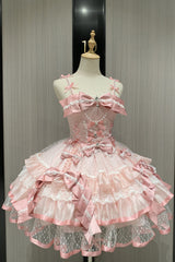 Pink [Love of Gemstones] Sleeveless Triple-Layered Ruffled Bow Lace Pearl-Decorated Sweet Lolita Jsk Dress - Product - 2
