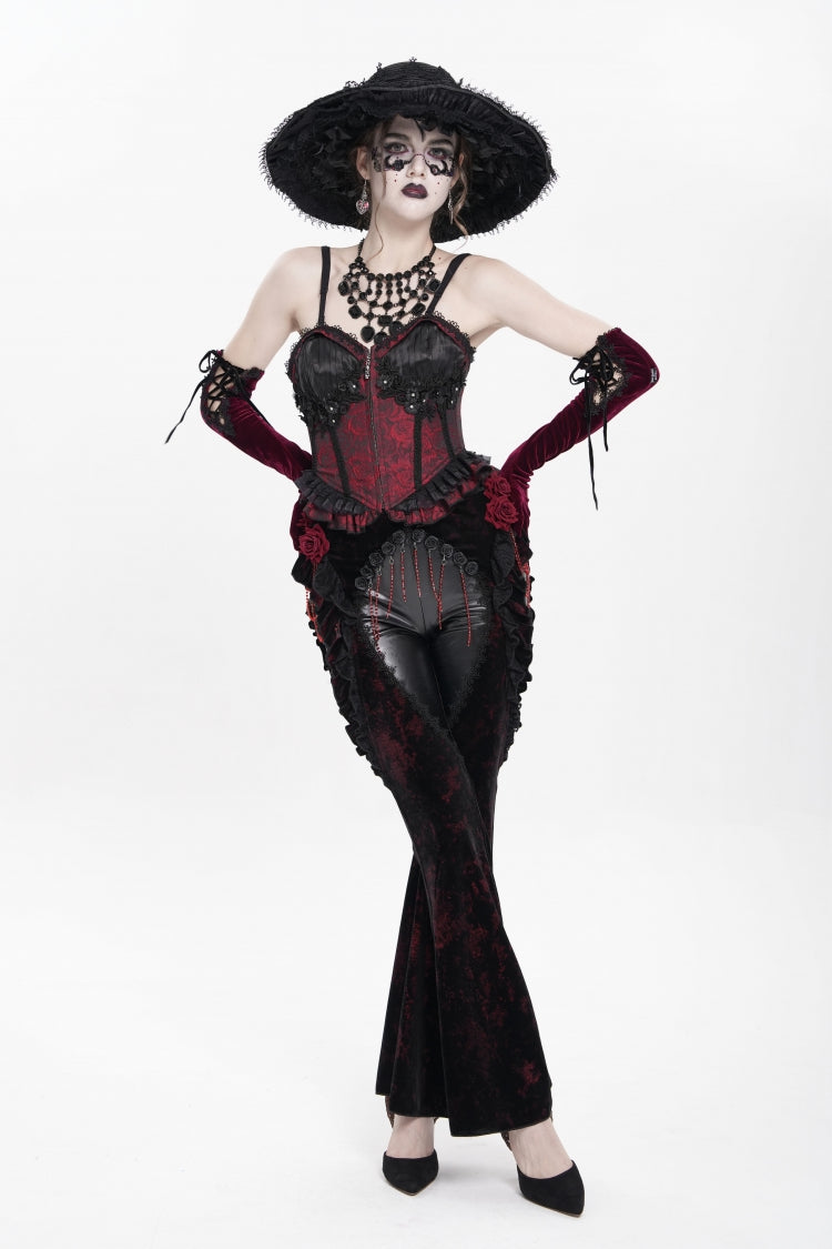 Black/Red  Ruffled Spliced Women's Gothic Floral Faux Leather&Velvet Ruffle Pants - Product - 6