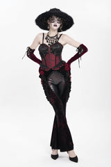 Black/Red  Ruffled Spliced Women's Gothic Floral Faux Leather&Velvet Ruffle Pants - Product - 6