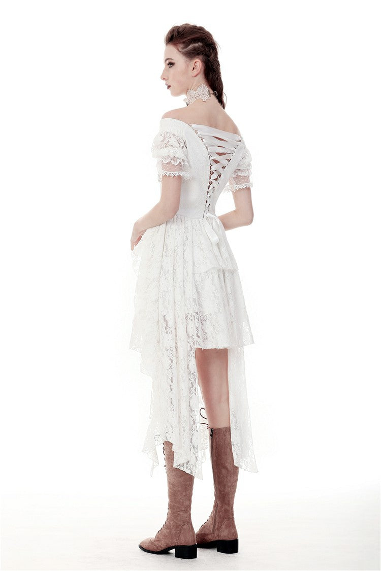 White Off Shoulder Lace Short Sleeves Lace-Up Women's Steampunk Luxurious Wedding Graduation Dress - Product - 12