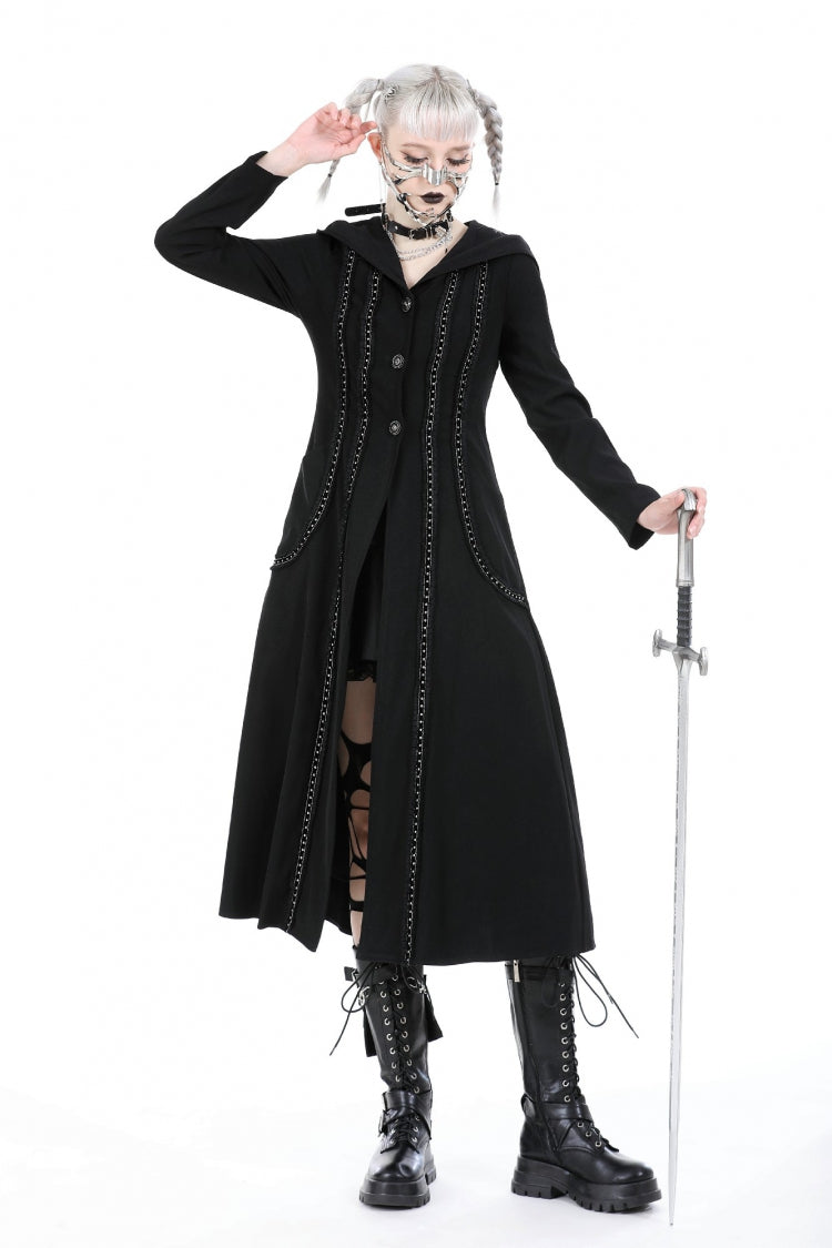 Black Long Sleeves Ruffled Lace-Up Women's Punk Long Jacket with Hood - Product - 6