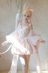 Pink [The Runaway Princess] Sleeveless Ruffle Bowknot Lace-Up Sweet Lolita Jsk Tulip Dress Set - Product - 6